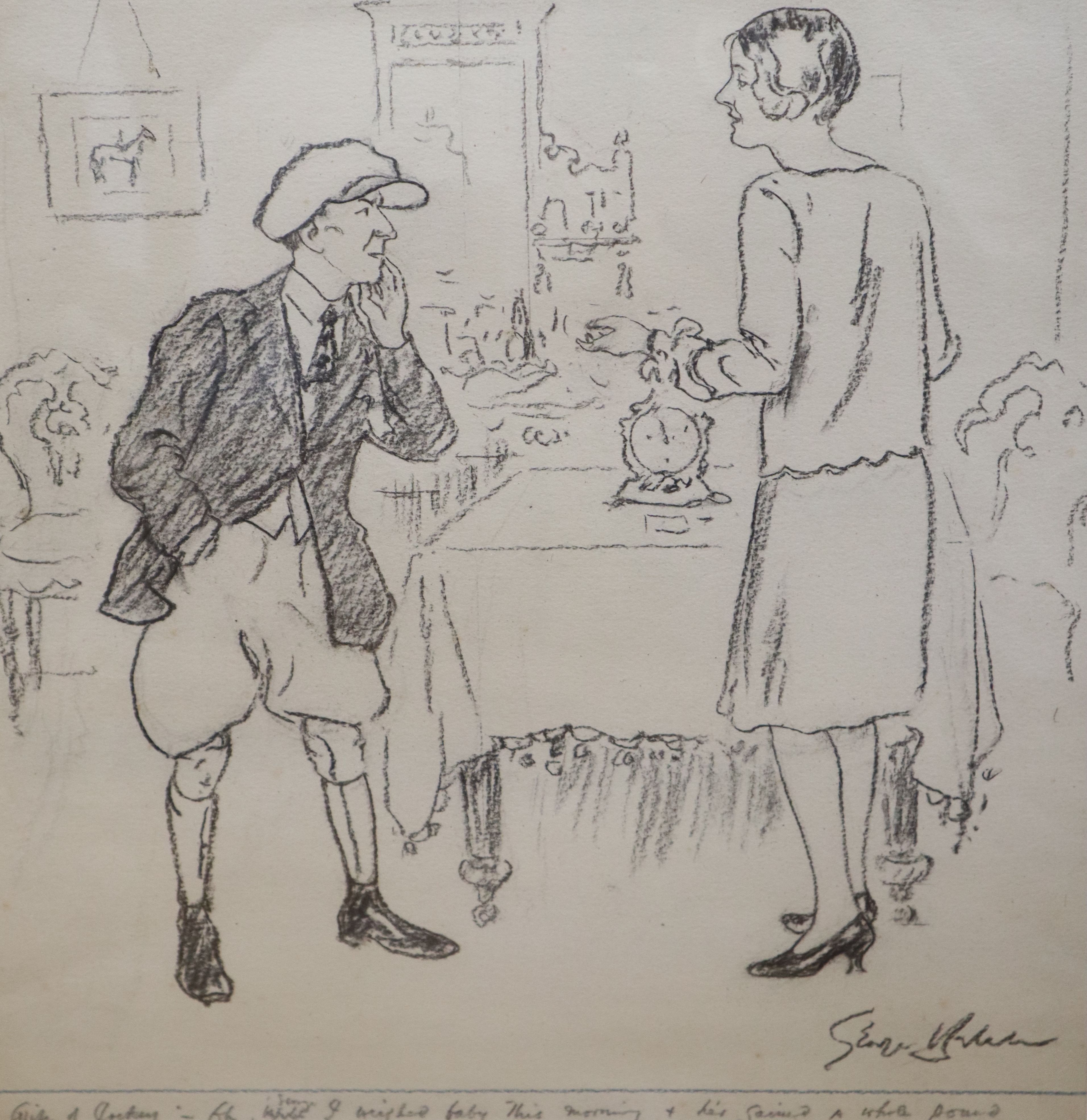 George Belcher (1875-1947), original pencil cartoon, Jockey and wife, George I weighed baby this morning and he has gained a whole pou